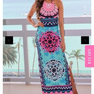 Pink and blue maxi dress